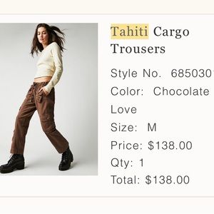 Free People cargo trousers NEW Chocolate Color